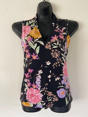 Ann Taylor Black Floral V-Neck Camisole with Pink & Yellow Blooms